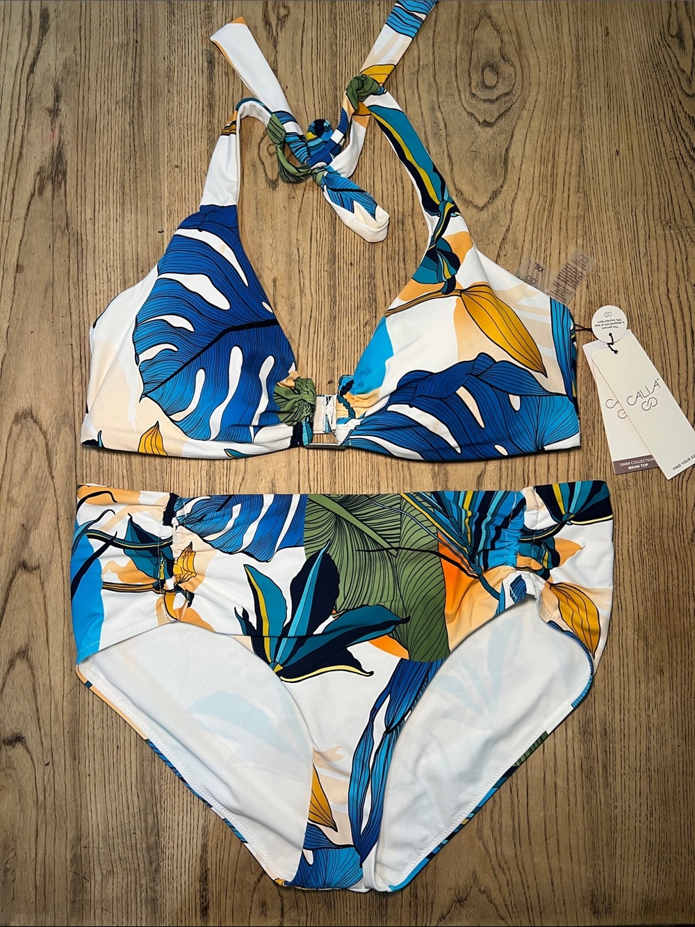 Calia Tropical Two-Piece Bikini - Blue Green Bottom XL Top XXL Padded Lined